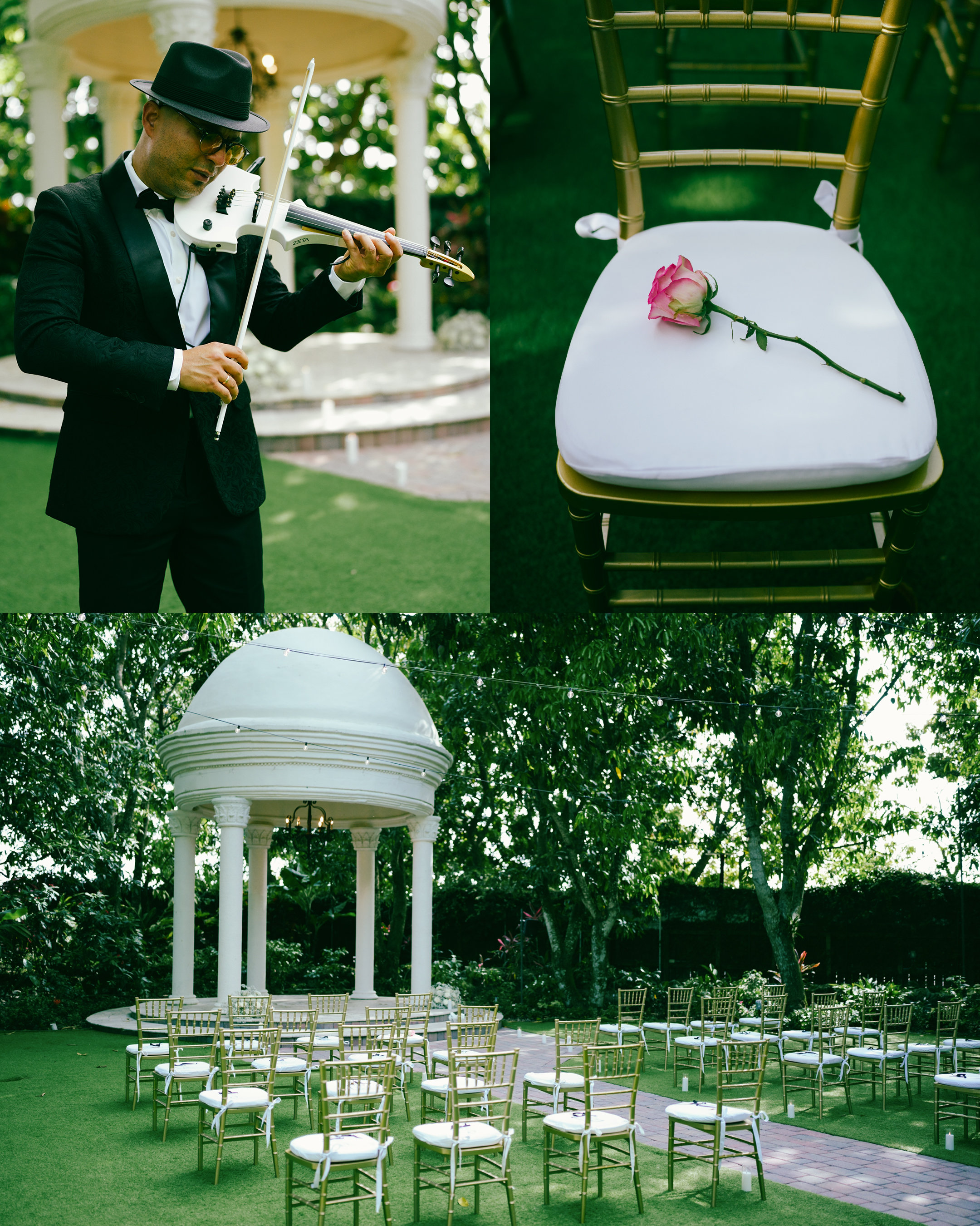 Gorgeous outdoor ceremony décor at Villa Toscana with floral arches and elegant chairs